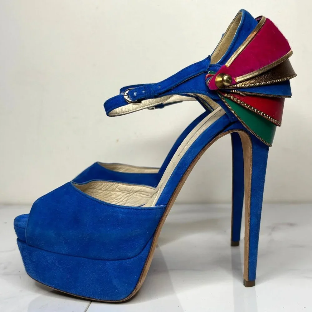 Brian Atwood TRIBECA Cuffed Blue Suede Platform Heels Multicolor Ankle Strap 37 - Picture 6 of 12